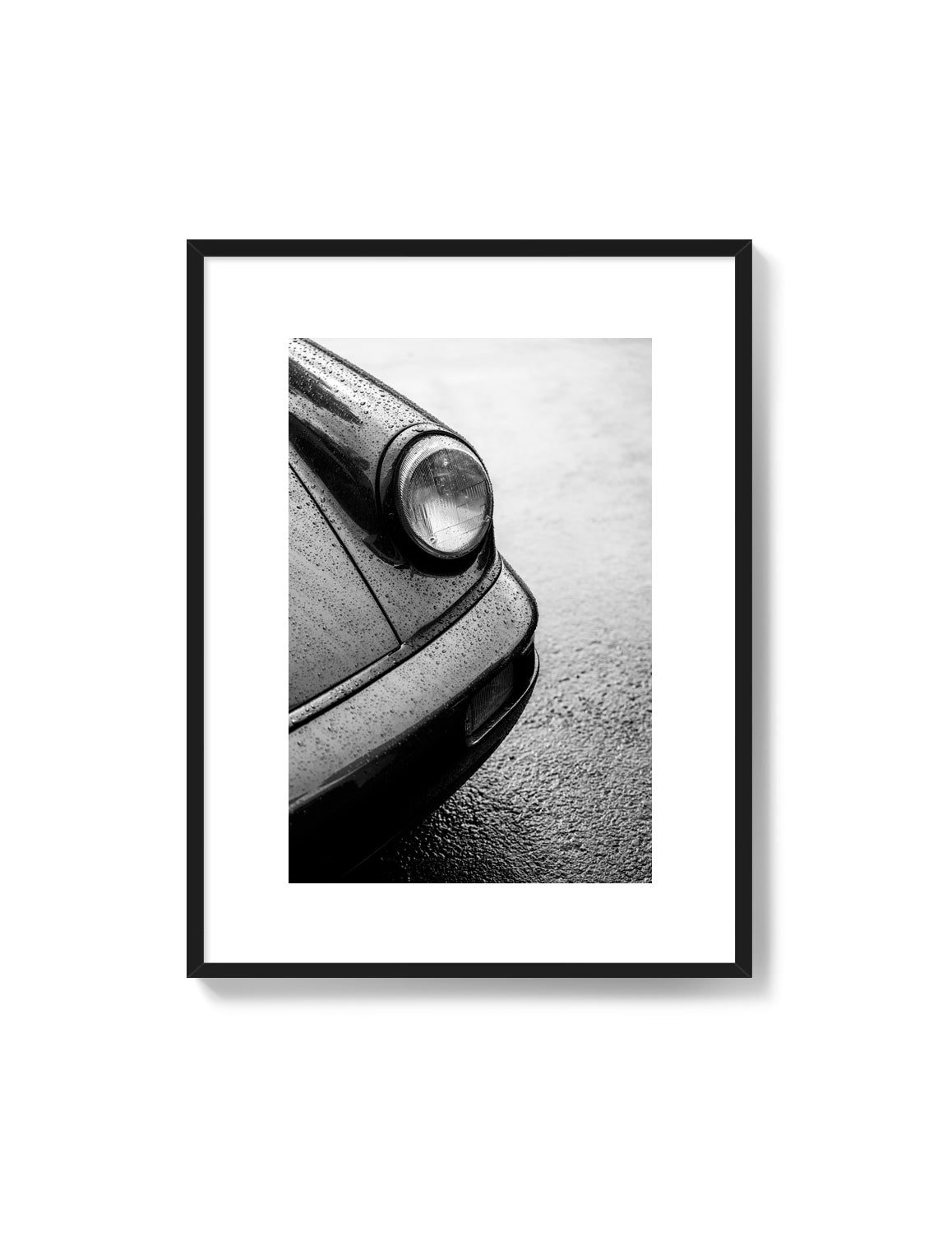 Porsche 964 in the rain, moody man cave decor print black and white